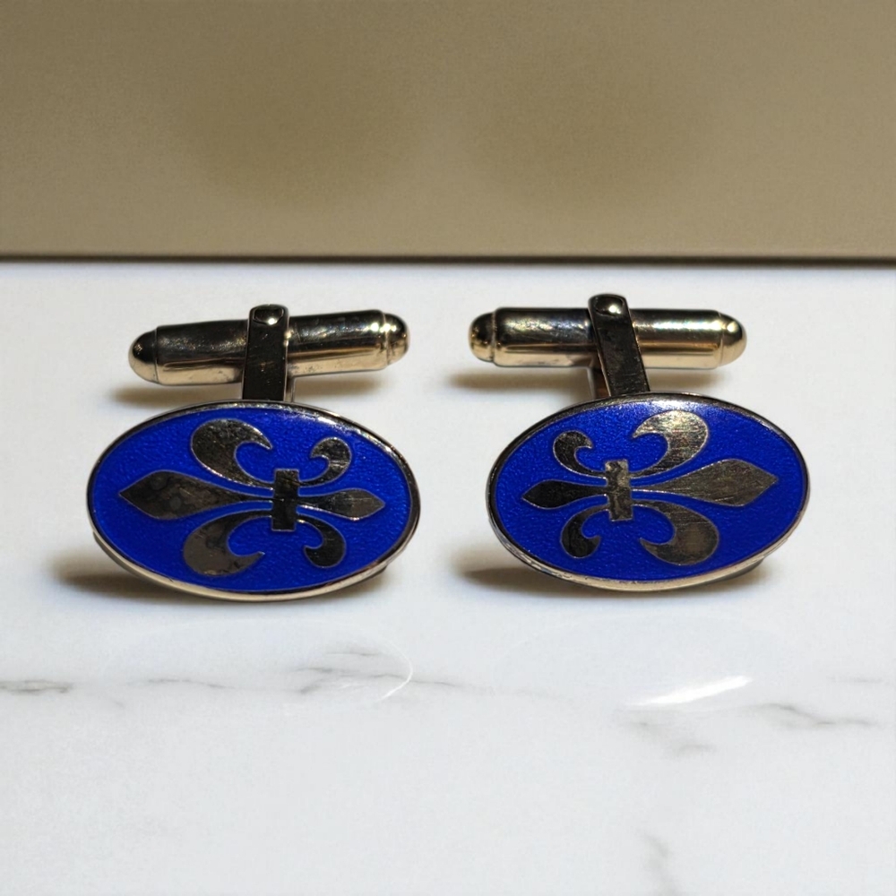 Scandinavian Sterling Silver Blue Enamel Fleur-de-Lis Cufflinks B&G Denmark
